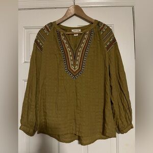 Olive tone boho blouse with embroidered trim.. by Rachel Zoe. size small